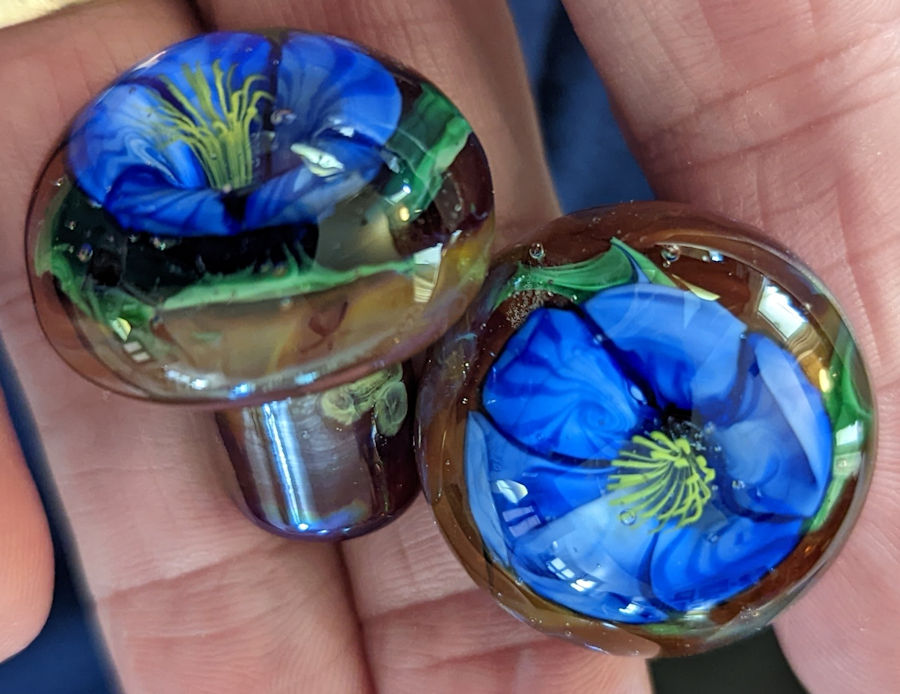 A pair of single blue Flower Murrini Drawerpulls